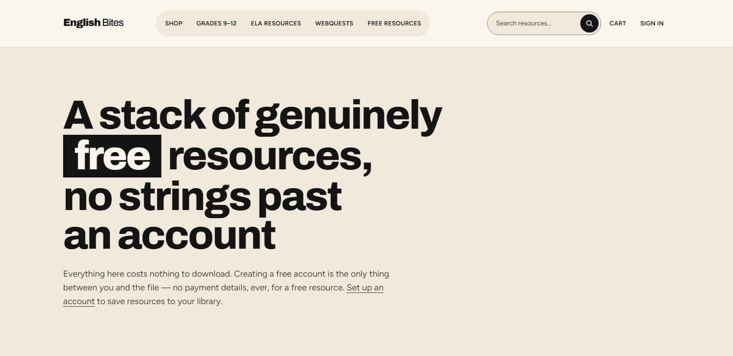 English Bites free resources page with headline and browse-by-type filter chips.