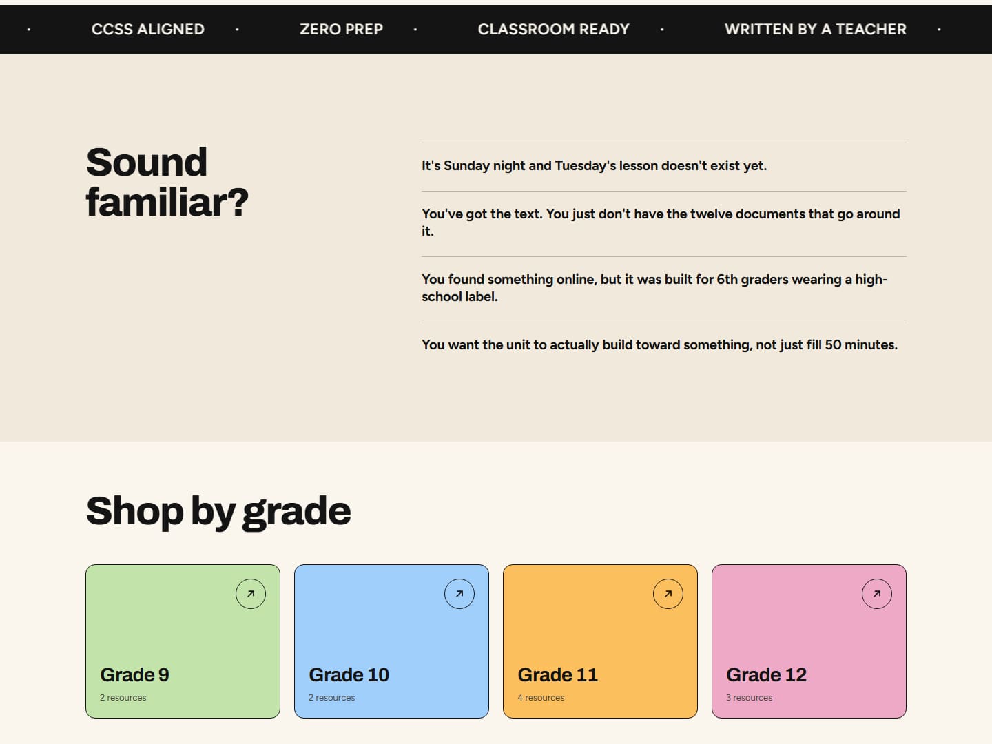 English Bites home page section with teacher pain points and four colour-coded grade cards.