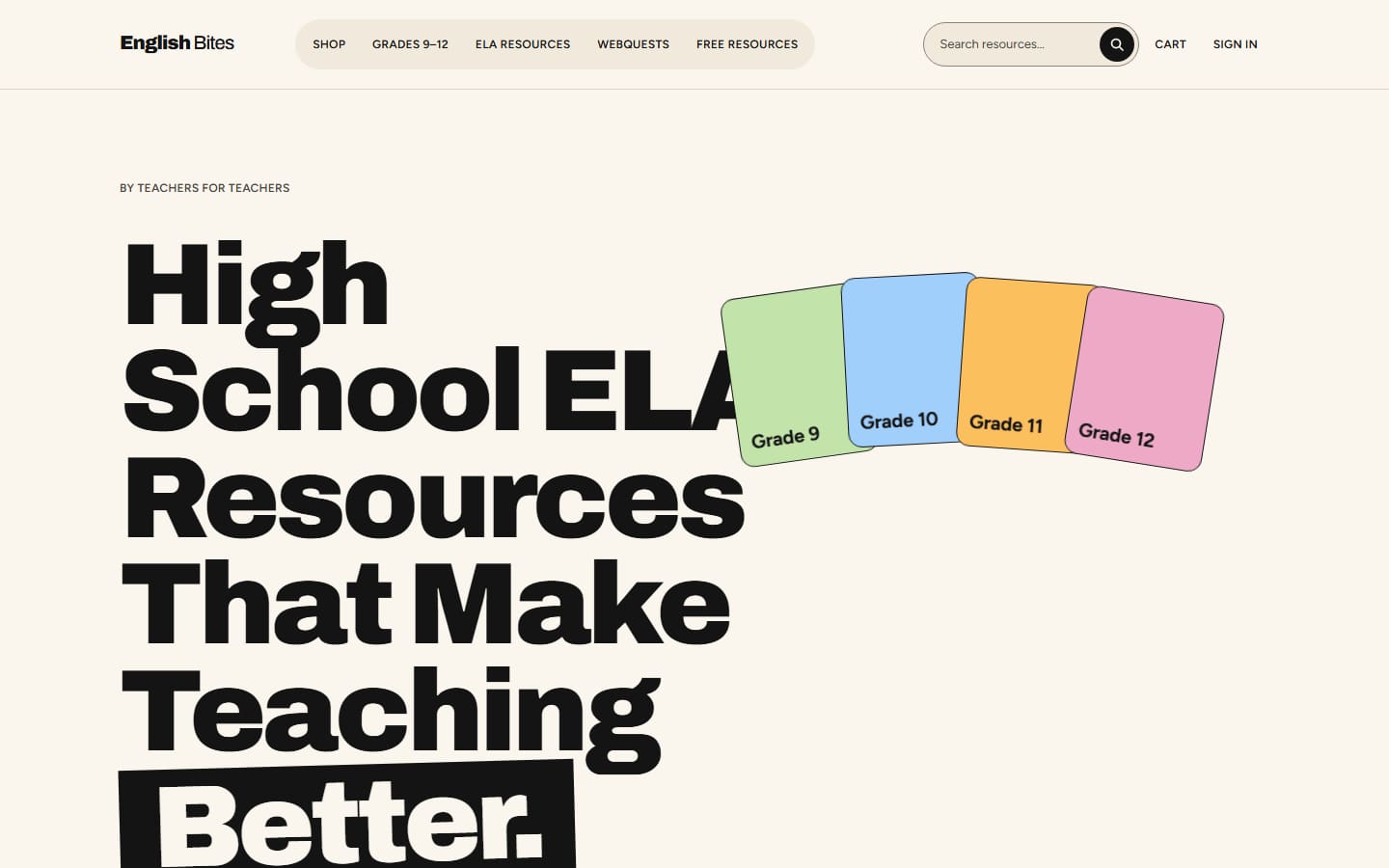 English Bites home page hero with oversized black headline and colour-coded Grade 9 to 12 cards.