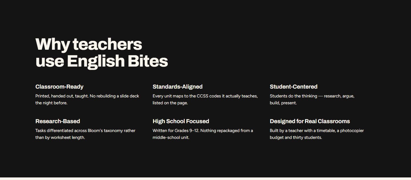 English Bites “Why teachers use English Bites” section on a dark background with six short benefits.