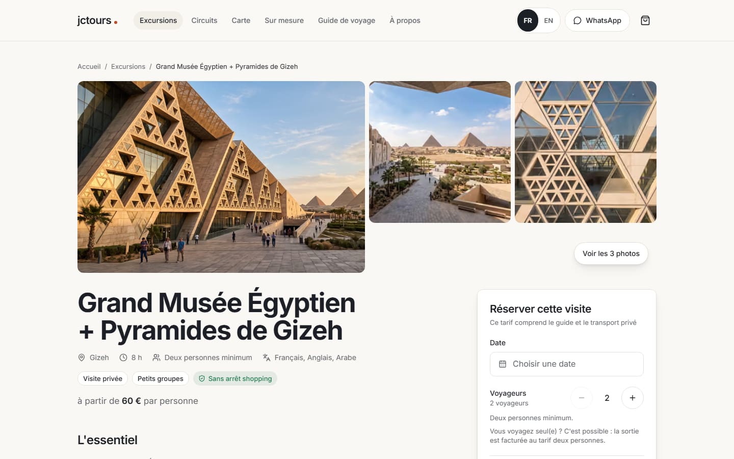 JC Tours excursion page for the Grand Egyptian Museum and Giza pyramids, with photo gallery and booking panel.
