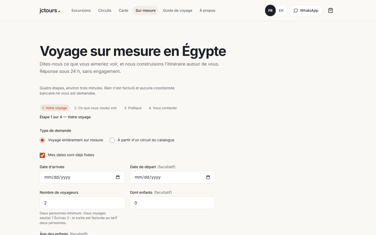 JC Tours custom-trip request form, step one of four, with dates, travellers and regions.