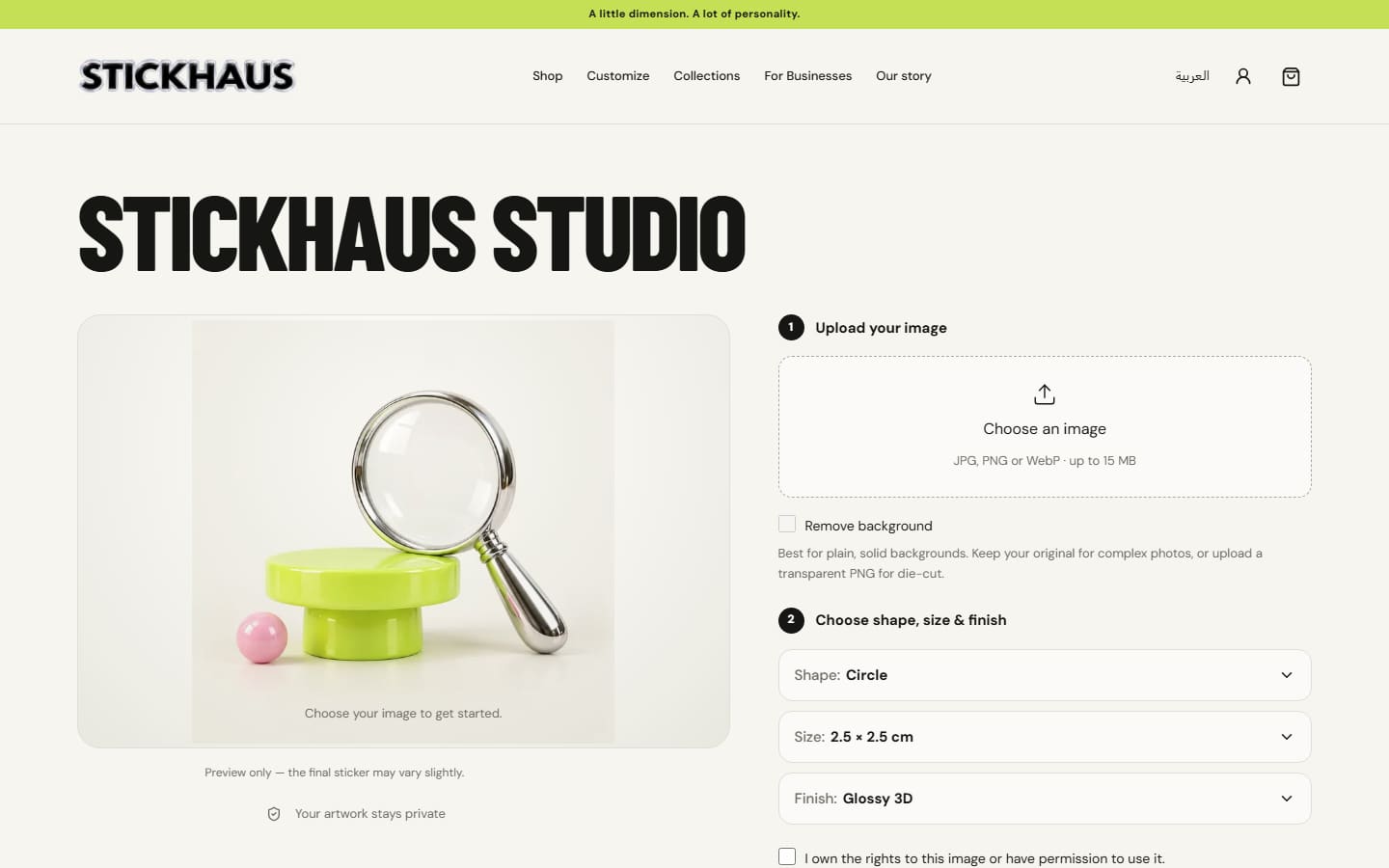 StickHaus Studio page with the sticker preview area and steps to upload an image and choose shape, size and finish.