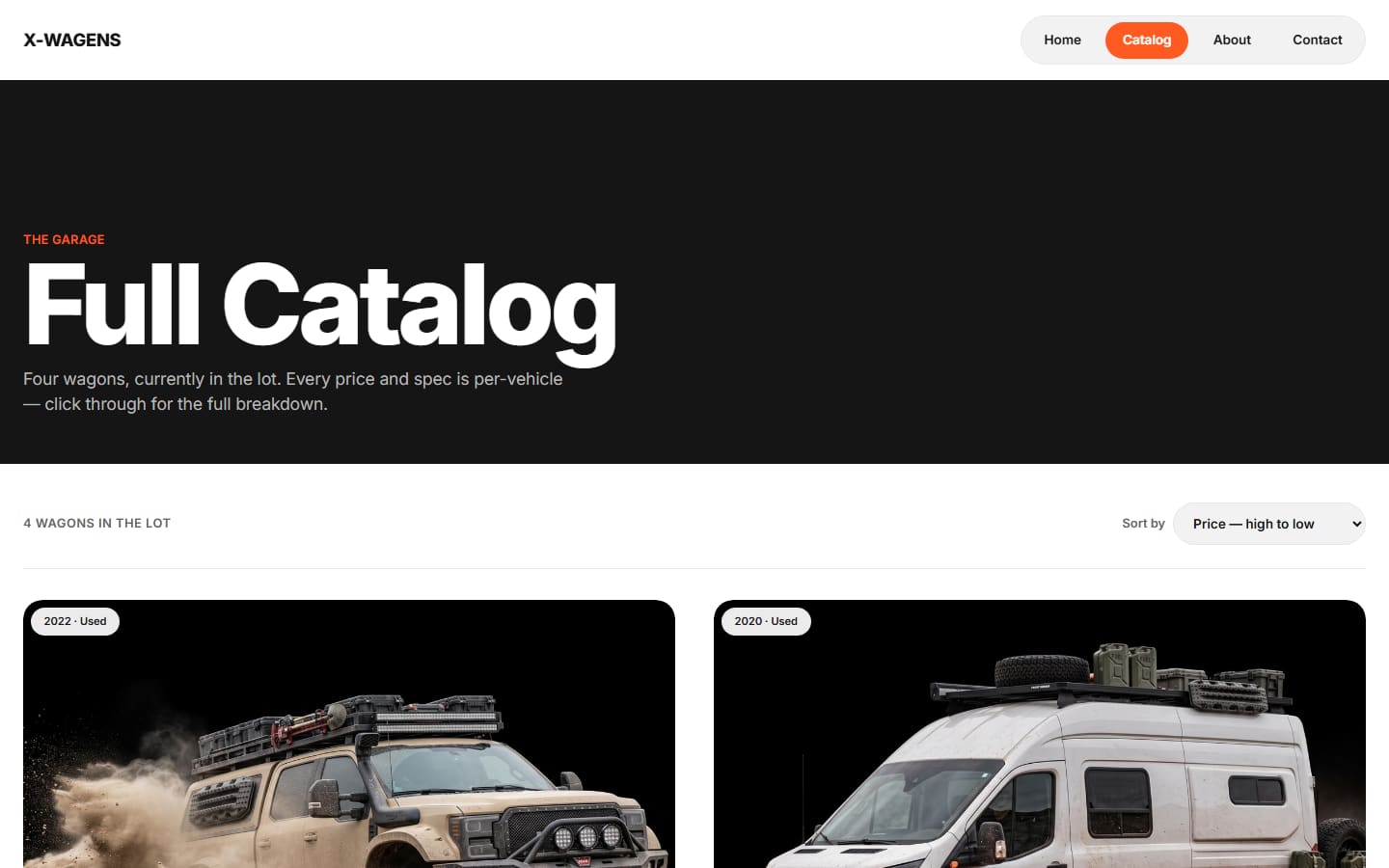 X Wagens catalog page with a dark header, sort control and vehicle cards.