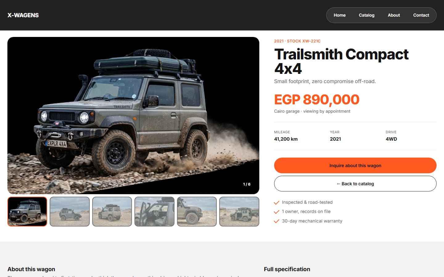 X Wagens vehicle page with gallery, price, quick specs and an orange enquiry button.