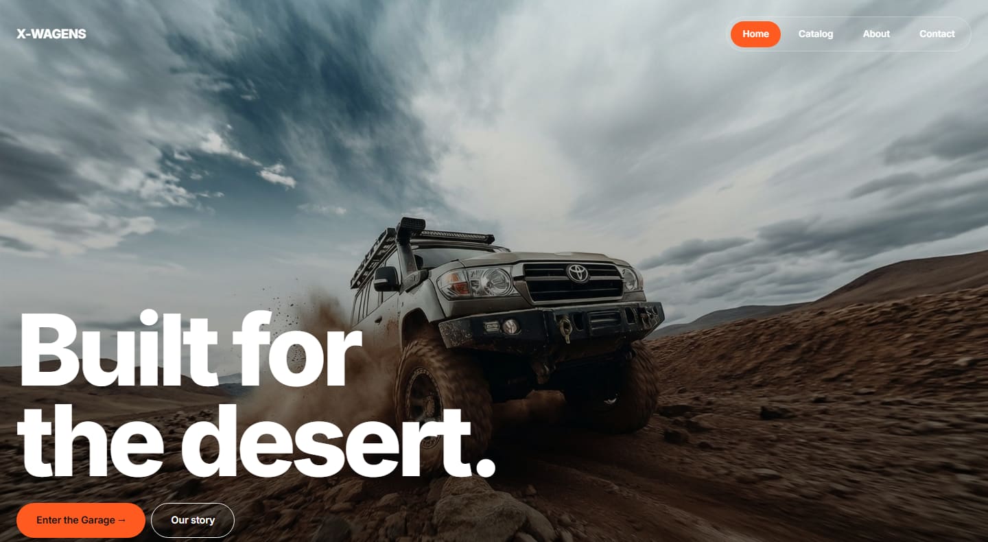 X Wagens home page with a large white headline over a dramatic off-road photo and an orange button.
