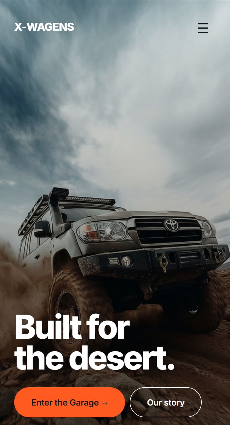X Wagens home page on a phone with the headline and two buttons.